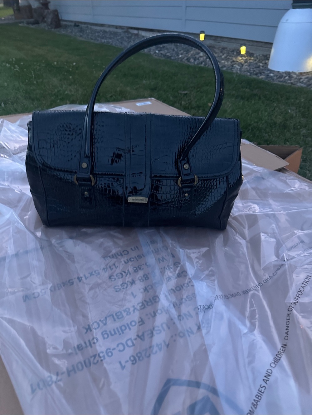 Liz Claiborne Black Patent Croc-Embossed Barrel Satchel
